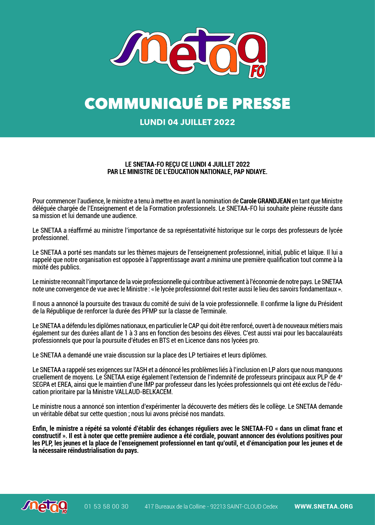 Lire la suite à propos de l’article Le SNETAA-FO reçu ce lundi 4 juillet 2022 par le ministre de l’Éducation nationale, Pap NDIAYE
